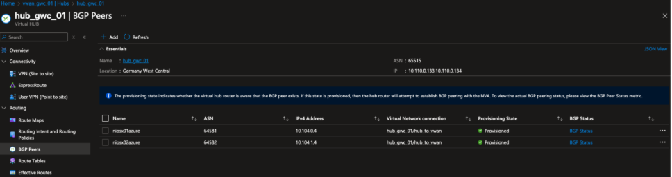 Figure 13. BGP peering configuration in Germany West Central hub showing NIOS-X appliances peered with the Azure Virtual WAN hub router