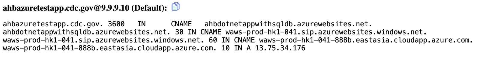 Picture 2: DNS lookup for ahbazuretestapp.cdc.gov