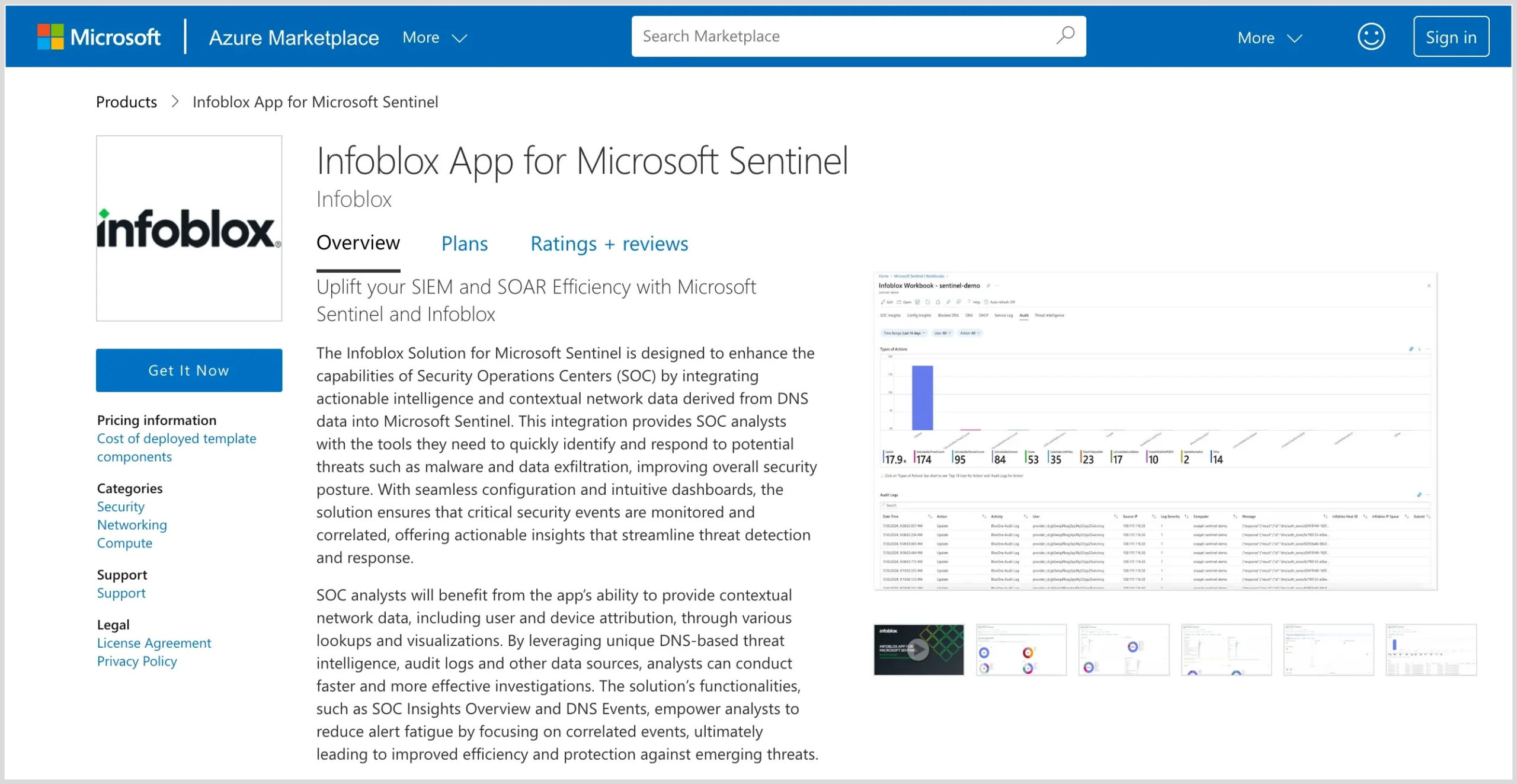 Figure 2: Infoblox App for Microsoft Sentinel on Azure Marketplace